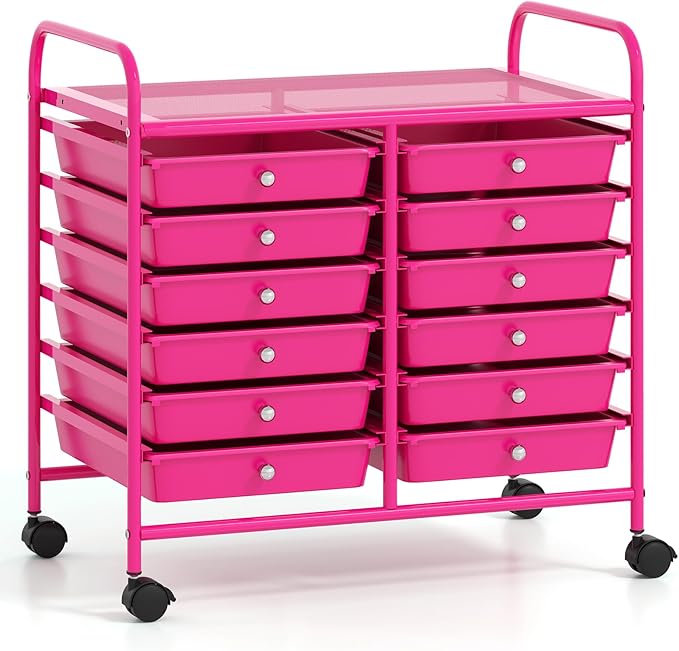 GOFLAME 12-Drawer Rolling Storage Cart, Multifunctional Art Craft Organizer Cart, Mobile Utility Storage Cart with Removable Drawers & Lockable Wheels, Craft Cart for Home Office School, Hot Pink