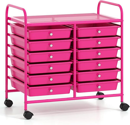 GOFLAME 12-Drawer Rolling Storage Cart, Multifunctional Art Craft Organizer Cart, Mobile Utility Storage Cart with Removable Drawers & Lockable Wheels, Craft Cart for Home Office School, Hot Pink