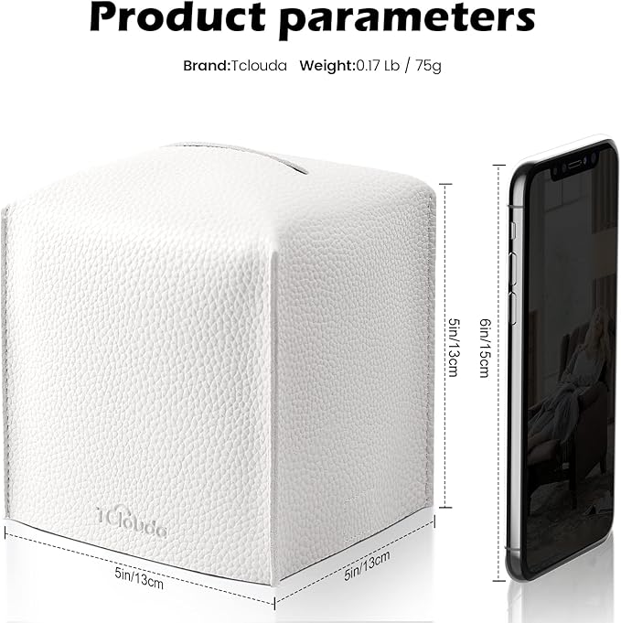 Tissue Box Cover, Tclouda, Modern PU Leather Square Tissue Box Holder for Creative Decorative, 2 Pack, Ideal for Bathrooms/Office/Car/Nightstand/Outdoor Tent/Dining Table, 5"X5"X5", Double White