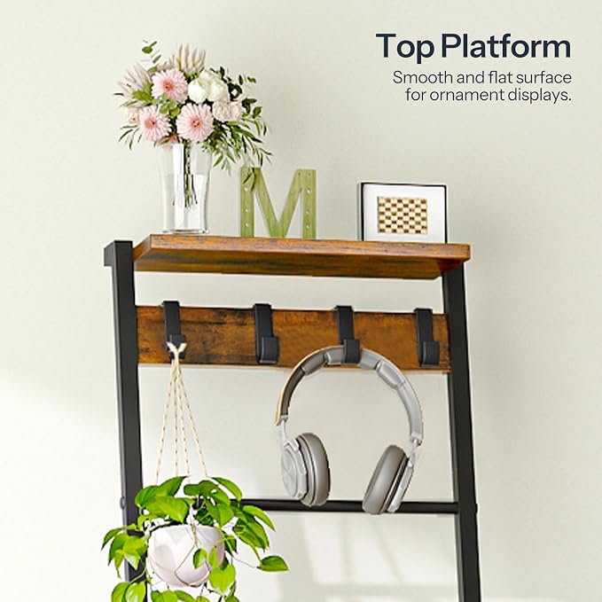 HOOBRO Blanket Ladder, 7-Tier Giraffe Shape Towel Rack for Living Room and Bedroom, 63.4" H Decorative Ladder Shelf with Hooks, Metal Frame, Industrial Style, Rustic Brown and Black BF13CJ01