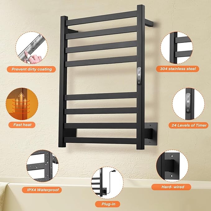 Towel Warmer Matte Black Heated Towel Rack for Bathroom Wall Mounted Electric Towel Dryer Rack with Temperature Control and 24 Timer Plug-in/Hardwired