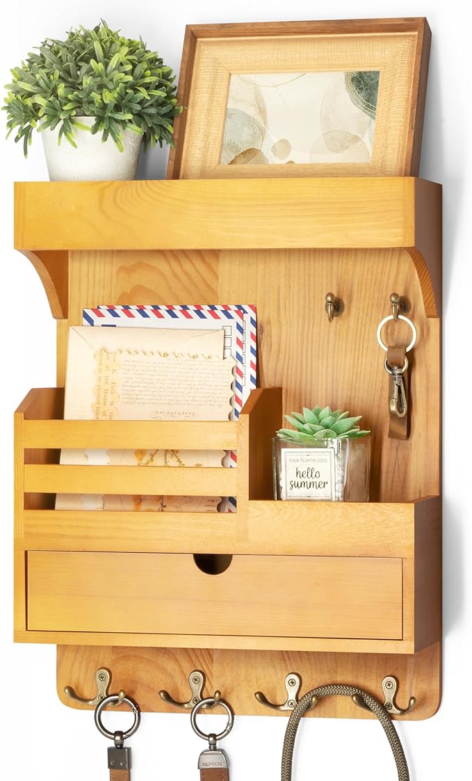 Modern Farmhouse Key Holder Wall Mount with Drawer Organizer – Pine Wooden Mail and Key Organizer with 6 Durable Hooks & Floating Wall Shelf – Ideal for Brightening Up Your Home Decor (Light Brown)