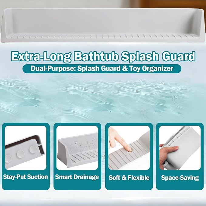 Bathtub Splash Guard for Tub Kids- 31" Extra Long Silicone Bath Play Shelf, Toy Tray & Caddy Holder, Prevent Water Spills & Messy Floors, Tub Edge Guard for Bathroom- Grey