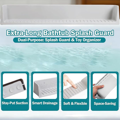 Bathtub Splash Guard for Tub Kids- 31" Extra Long Silicone Bath Play Shelf, Toy Tray & Caddy Holder, Prevent Water Spills & Messy Floors, Tub Edge Guard for Bathroom- Grey