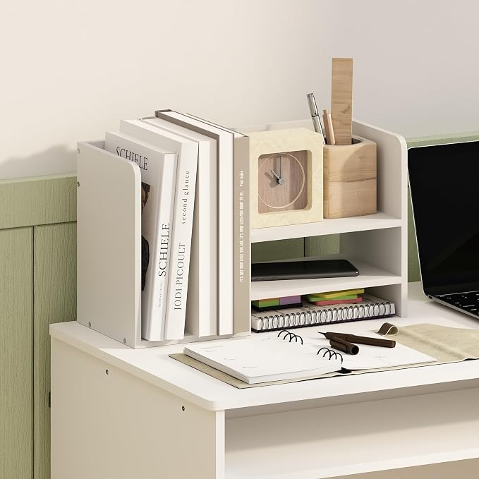 Furinno Hermite Desk Organizers and Accessories with File Holder, Office Organization, Desk Top Book Shelf, for Office Supplies, Office Desk Accessories, Plain White