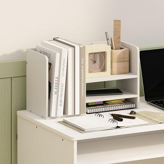 Furinno Hermite Desk Organizers and Accessories with File Holder, Office Organization, Desk Top Book Shelf, for Office Supplies, Office Desk Accessories, Plain White