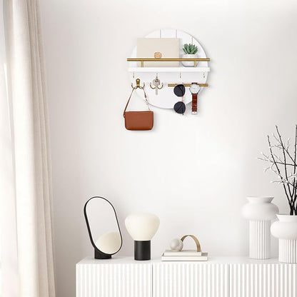 Nekon Key Holder Wall Mount, 11.8 Inch Rack With Shelf and 6 Hooks, Rustic Mail Organizer, Circular Wooden Hanger for Entryway Hallway Kitchen (White&Gold)