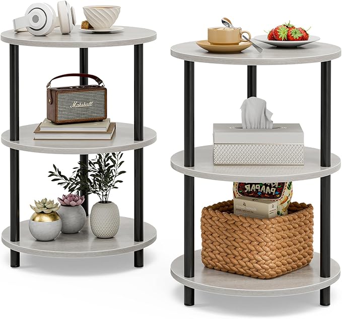 XBurmo Small Round End Table - 3 Tier Design Accent Table, Narrow Side or Bedside Stand, Industrial Vintage Nightstand for Bedroom, Living Room, or Small Spaces, Set of 2, Greige