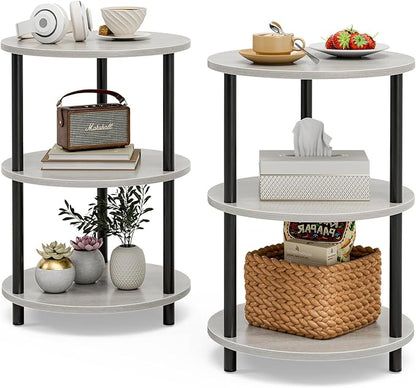 XBurmo Small Round End Table - 3 Tier Design Accent Table, Narrow Side or Bedside Stand, Industrial Vintage Nightstand for Bedroom, Living Room, or Small Spaces, Set of 2, Greige