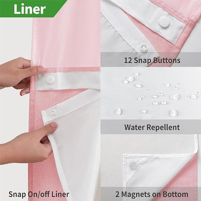 No Hooks Needed Linen Textured Shower Curtain with Snap-in Fabric Liner Set,Hotel Luxury Decor Shower Curtains for Bathroom with Mesh Top Window,Waterproof & Washable,71Wx74H,Pink