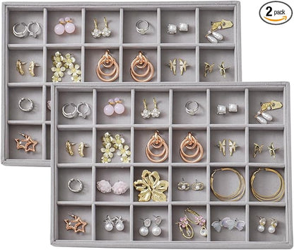 Large Velvet Jewelry Tray 2 Pack Stackable Jewelry Display Drawer Inserts Trays Organizer for Earring Bracelet Necklace Ring (Gray, 24 Grids)