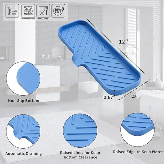 MicoYang Silicone Soap Dish with Drain Spout — Self-Draining Double Sink Organizer Tray for Kitchen & Bath, Dispensers, Sponges & Soap Holder, Non-Slip & Dishwasher Safe, Lichen Blue (Large, 12"×4")
