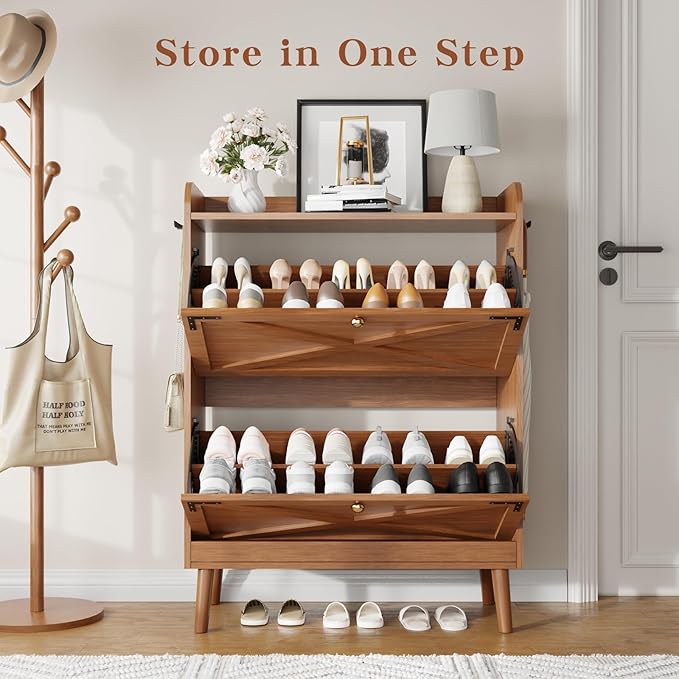 Shoe Storage Cabinet with 2 Flip Drawers & Adjustable Shelves,Narrow Shoe Cabinet Storage with Doors Side Hooks Wooden Shoe Rack Cabinet for Entryway,Hallway,Rustic Walnut