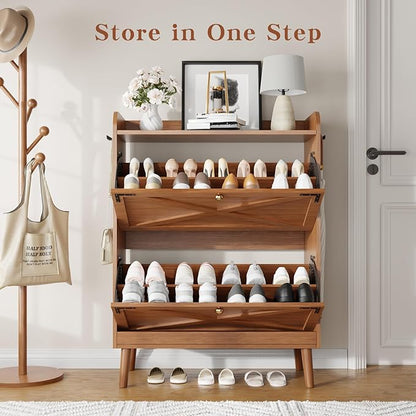 Shoe Storage Cabinet with 2 Flip Drawers & Adjustable Shelves,Narrow Shoe Cabinet Storage with Doors Side Hooks Wooden Shoe Rack Cabinet for Entryway,Hallway,Rustic Walnut