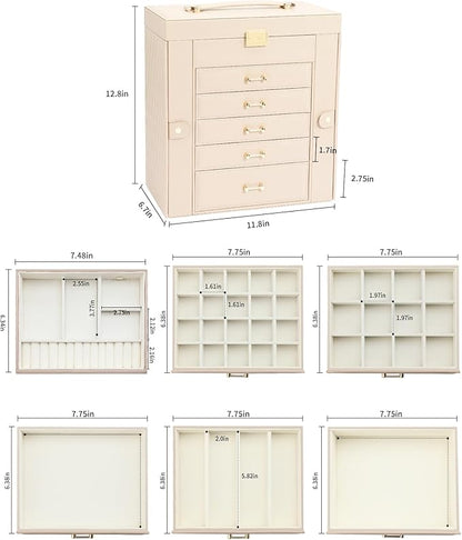 Large Jewelry Holder Organizer, 6 Layer Jewelry Box for Women Jewelry Storage Case With Handle, Gift for Christmas New Year, Apricot
