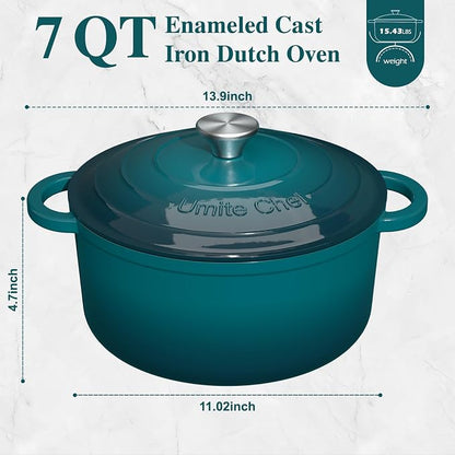 Umite Chef 7QT Enameled Cast Iron Dutch Oven with Lid & Cotton Potholders–Heavy-Duty Cookware for Bread Baking, Braising, Stews, Marinate, Cook(Emerald)