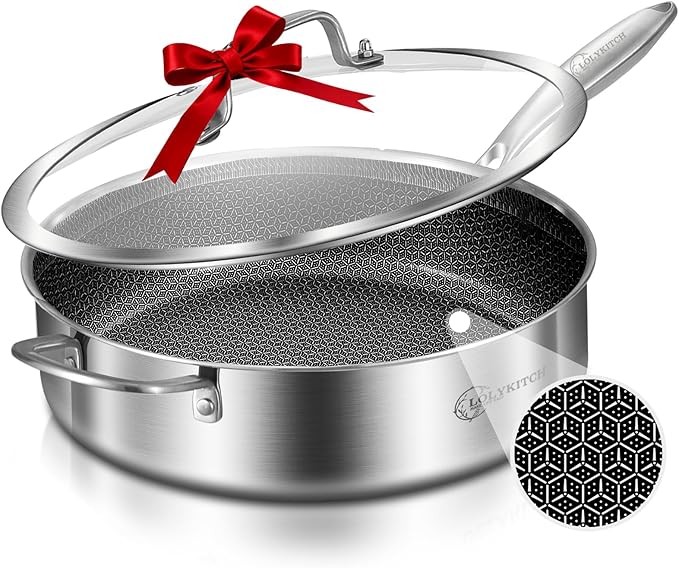 LOLYKITCH 6 QT Hybrid Tri-Ply Stainless Steel Non-Stick Sauté Pan with Lid,12 Inch Deep Frying Pan,Large Skillet,Jumbo Cooker,Induction Pan, Oven Safe and Detachable Handle.