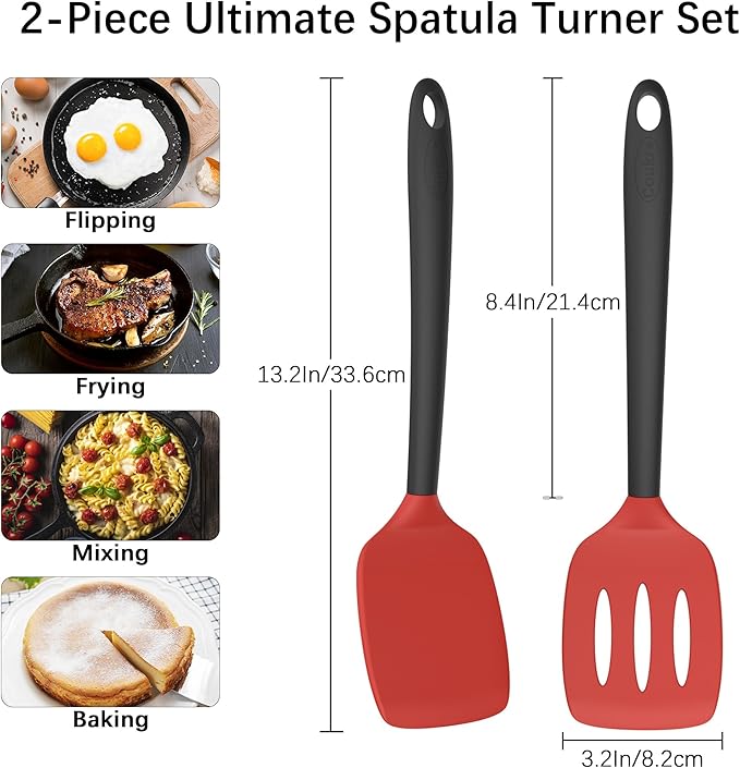 Coukre 2 Pack Silicone Spatula Set, High Heat Resistant, BPA Free Kitchen Spatula, Solid & Slotted Turner for Non-Stick Pans, Sautéing, and Flipping (2, RedBlack)
