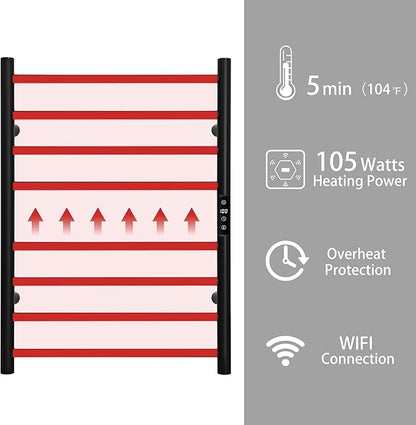 KEG Smart WiFi Towel Warmer Wall Mounted with Built-in Timer and Temperature Adjust Control, 8 Bars Electric Stainless Steel Heated Towel Racks for Bathroom Black