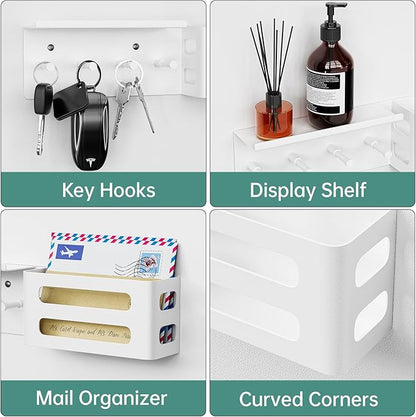 Key and Mail Holder for Wall, Key Hooks Rack Hanger Organizer Wall Mount with Small Shelf, Men Metal Entryway Living Room Storage Decor for Coat Purse Bag Wallet Dog Leash, Black