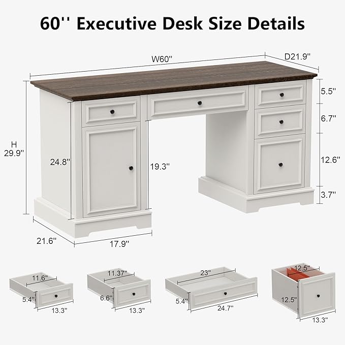 Vipbear 60" Farmhouse Executive Desk with Drawers and Cabinet, Embossed Texture Wood Home Office Desk, Rustic Computer Writing Desk, Workspace for Work Study Writing, White