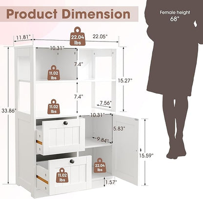 GRUSIGN Bathroom Storage Cabinet with Door and Drawers, Small Freestanding Bathroom Cabinet Organizer, Farmhouse Wooden Cupboard with Adjustable Shelves for Kitchen, Living Room, White