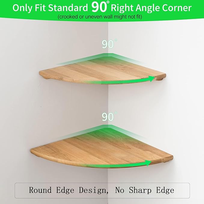 Conamily Corner Shelves, Floating Corner Shelf, Set of 2 Solid Oak Wood Wall Shelves, Round End Wall Mount with Wire Hole Shelving for Small Plant for Bedroom Kitchen, Living Room 8.7“
