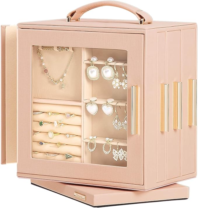 Homde Jewelry Box 360° Rotating, Necklace Earring Organizer with Transparent Window, Mirror, 7 Drawers, Large Ring Display Storage Case for Girls Women (Peach Pink)
