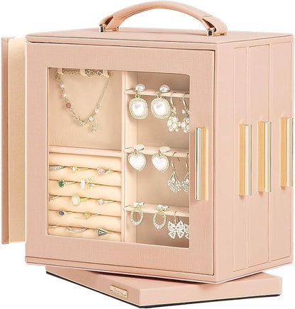 Homde Jewelry Box 360° Rotating, Necklace Earring Organizer with Transparent Window, Mirror, 7 Drawers, Large Ring Display Storage Case for Girls Women (Peach Pink)