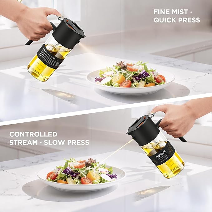 2Pcs 17oz Premium Olive Oil Sprayer for Cooking, 2 in 1 Glass Olive Oil Dispenser Bottle for Kitchen Gadgets, Spray Bottle with Portion Control for Salad, Frying, BBQ (Black & White)