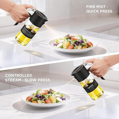 2Pcs 17oz Premium Olive Oil Sprayer for Cooking, 2 in 1 Glass Olive Oil Dispenser Bottle for Kitchen Gadgets, Spray Bottle with Portion Control for Salad, Frying, BBQ (Black & Blue)