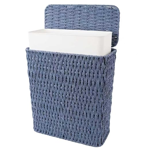 3 Gallon Paper Rope Bathroom Trash Can,Small Wicker Trash Cans with Lid and Liner,Woven Rattan Narrow Waste Basket for Bedroom,Office,Blue