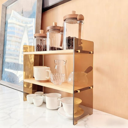 Coffee Station Organizer 2 Tier, Solid Wood Mug Shelffor Coffee Bar,Matcha Station,Tea Storage - Holds Mugs,Beans,Syrup,Cups,Tirrers (Yellowish-Brown, 15.4" L x 5.7" W x 13.4" H)