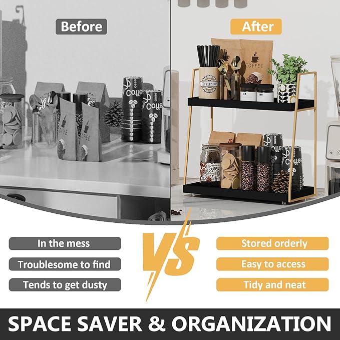 Coffee Bar Accessories, Black Gold Coffee Station Organizer for Countertop Decor, 2 Tier Large Wooden CoffeeBar Shelf for Office, Breakroom, Bathroom