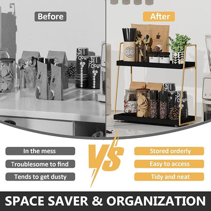 Coffee Bar Accessories, Black Gold Coffee Station Organizer for Countertop Decor, 2 Tier Large Wooden CoffeeBar Shelf for Office, Breakroom, Bathroom