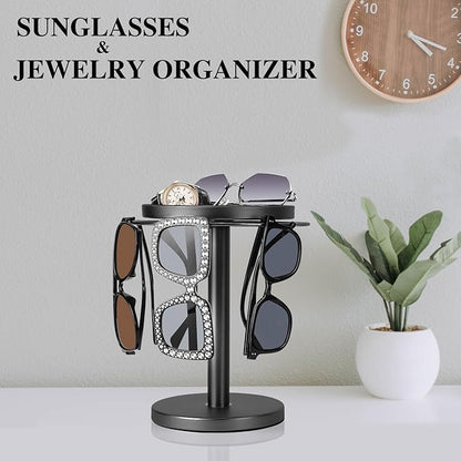 kondyfayo 360° Rotating Sunglass Organizer Storage, Stainless Steel Glasses Holder Stand, Glasses Organizer with Tray for Desk, Dresser, Tabletop, Nightstand and Home Decor(Titanium Black)