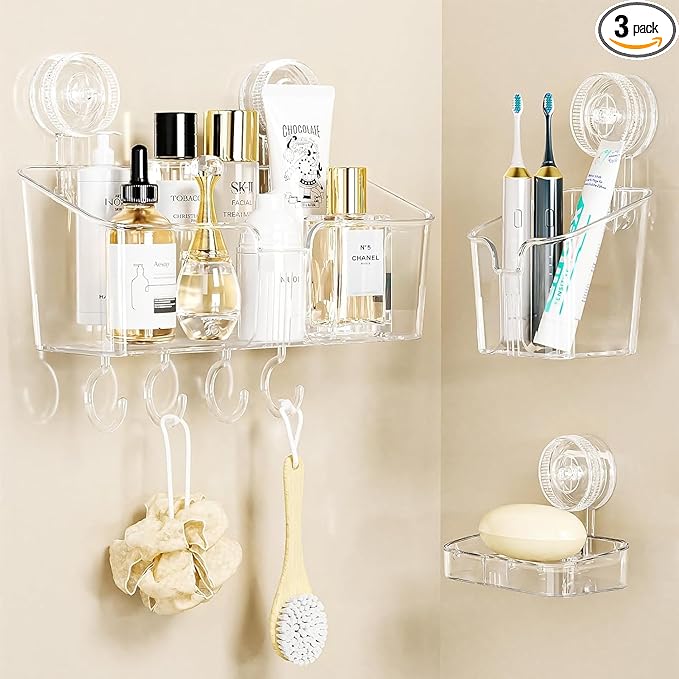 LUXEAR Suction Cup Shower Caddy Clear - Shower Caddy+Soap Dish+Toothbrush Holder - 1 Second Installation NO-Drilling Removable Powerful Waterproof Shower Organizer for inside Shower Bathroom