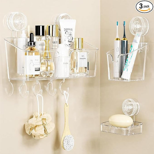 LUXEAR Suction Cup Shower Caddy Clear - Shower Caddy+Soap Dish+Toothbrush Holder - 1 Second Installation NO-Drilling Removable Powerful Waterproof Shower Organizer for inside Shower Bathroom