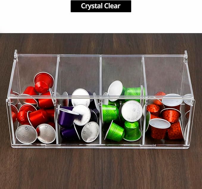 QWORK Coffee Capsule Holder Acrylic Box, Clear 4 Compartment Coffee Pod Storage Organizer with Lid, 11.73" x 5.12" x 4.72"