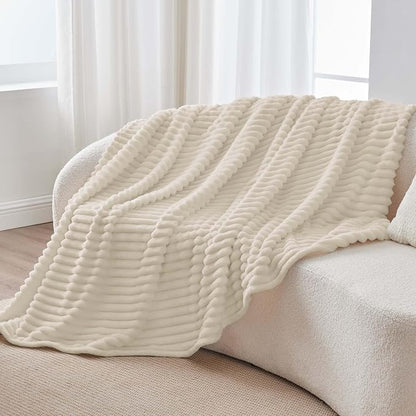 BEDELITE Fleece Throw Blanket for Couch - 300GSM Soft & Warm Fluffy Beige Blanket, Decorative and Giftable Striped Blankets for Women, Men, 50"x60"