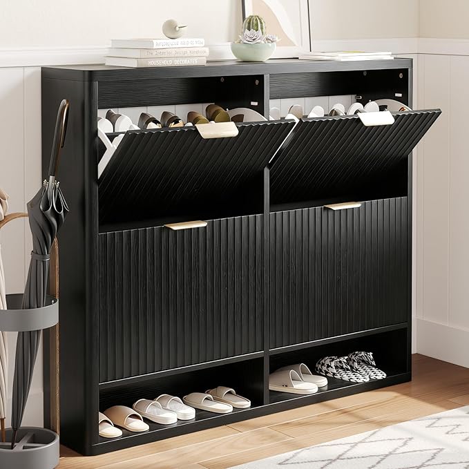 Shoe Storage Cabinet for Entryway with 4 Flip Drawers, 47.2" Large Modern Freestanding Shoe Organizer with Fluted Doors & Hidden Shoe Rack - Slim Enclosed Shoe Rack for Hallway (Black)