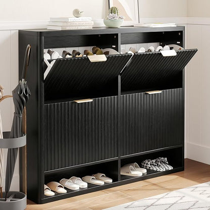 Shoe Storage Cabinet for Entryway with 4 Flip Drawers, 47.2" Large Modern Freestanding Shoe Organizer with Fluted Doors & Hidden Shoe Rack - Slim Enclosed Shoe Rack for Hallway (Black)