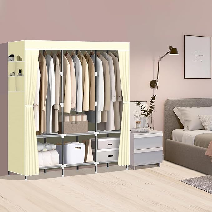 LOKEME Wardrobe Closet,Portable Closet for Bedroom Steel Pipe Diameter 19mm Strong and Sturdy Beige Portable Closets for Hanging Clothes with 3 Hanging rods, 6 Storage Shelves and Side Pocket