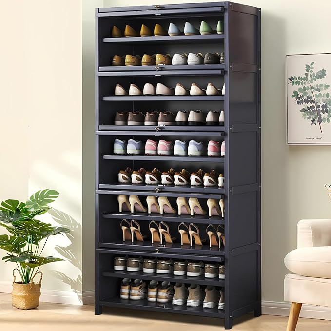Tall Shoe Cabinet, 10 Tier Bamboo Shoe Rack with Doors, 40-45 Pairs Large Capacity Shoe Storage Cabinet Organizer, Narrow Shoe Shelf for Entryway, Hallway, Living Room