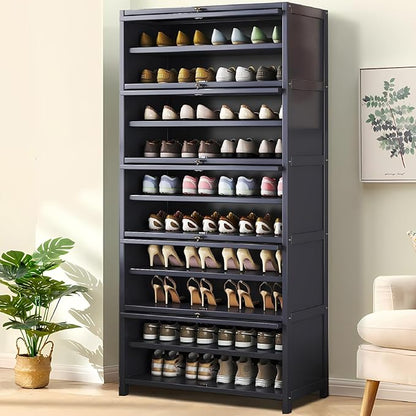 Tall Shoe Cabinet, 10 Tier Bamboo Shoe Rack with Doors, 40-45 Pairs Large Capacity Shoe Storage Cabinet Organizer, Narrow Shoe Shelf for Entryway, Hallway, Living Room