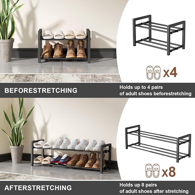 2-Tier Expandable Shoe Rack,Adjustable Shoe Shelf Storage Organizer Heavy Duty Metal Free Standing Shoe Rack for Entryway Closet Doorway (Black)