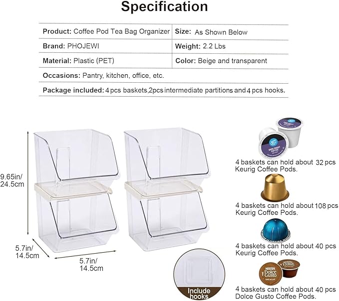 K Cup Holder Tea Bag Organizer, Coffee Pod Holders for Keurig Nespresso Vertuo Pods Kcup Sugar Packet Creamer Holder Tea Rack Coffee Bar Accessories (Stacking B)