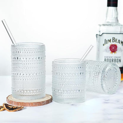 Hobnail Drinking Glasses with Straws, 15 oz & 12 oz Vintage Drinking Glasses Set of 8, Embossed Glasses Drinking Set, Textured Glass Cups for Kitchen, Beer, Juice, Cocktail, Whiskey, Milk