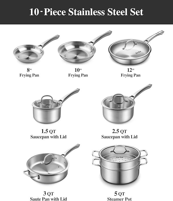 Stainless Steel Cookware Set,Tir-Ply Pots and Pans Set,13 Pcs Stainless Steel Induction Kitchen Cookware Sets,PFOA Free, Frying Pans, Butter warmer,Saute Pan & Stock Pot,Compatible with All Cooktops