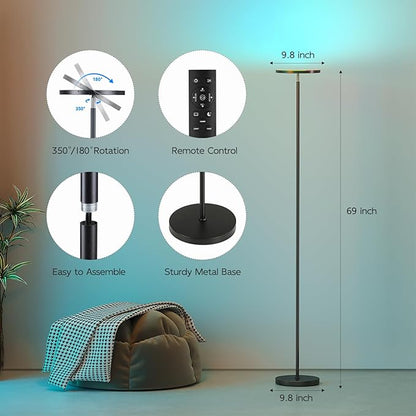 SUNMORY Smart RGB Floor Lamps for Living Room, 32W Bright LED Floor Lamp with APP and Remote Control, Tall Standing Lamp with Stepless Dimmable, Modern Torchiere Corner Lamp for Bedroom, Gaming Room